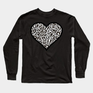 Medium Gray, Black, and White Leopard Print Heart Long Sleeve T-Shirt